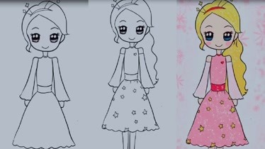 教小朋友学画画画穿着花裙子的小公主