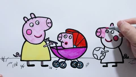 坐在婴儿车的乔治简笔画画法彩色,小猪佩奇在玩球儿童绘画和涂色