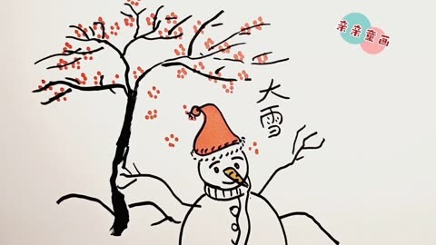 24节气大雪简笔画,简单唯美冬天雪人,梅树风景画,儿童创意绘画