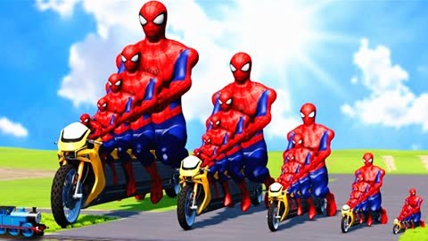 模拟器:蜘蛛侠五人一组骑着黄色加长版摩托车挑战四方形熔岩大坑